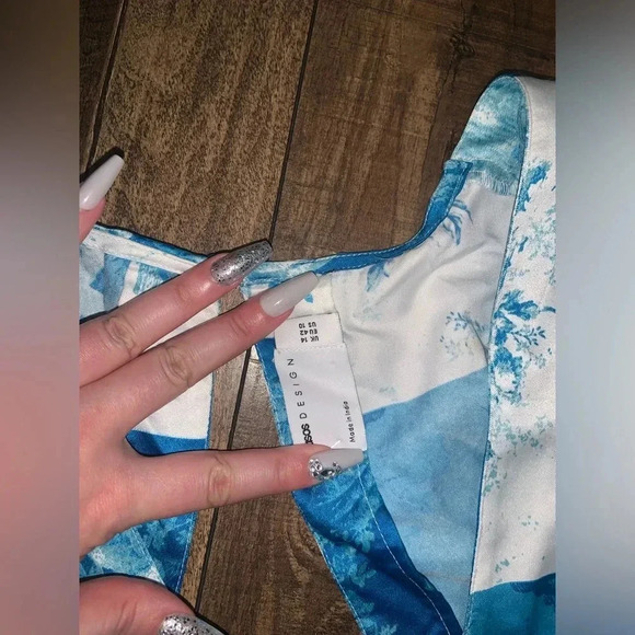 ASOS DESIGN satin midi dress button spring boho cutout in patchwork blue floral - Picture 5 of 8